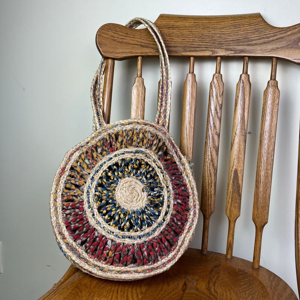 Boho Colorful Recycled Woven Jute Bag Circle Shaped Shoulder Tote Beach Bag - Picture 4 of 16